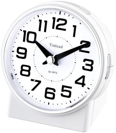 Tinload 4.3" No Ticking Analog Alarm Clock,Silent Readable for Seniors,Easy to Set,Gradual Rise Alarm,Big Numbers,On/Off Switch on Side,Gentle Wake,Snooze,Lighted on Demand,Battery Operated,White