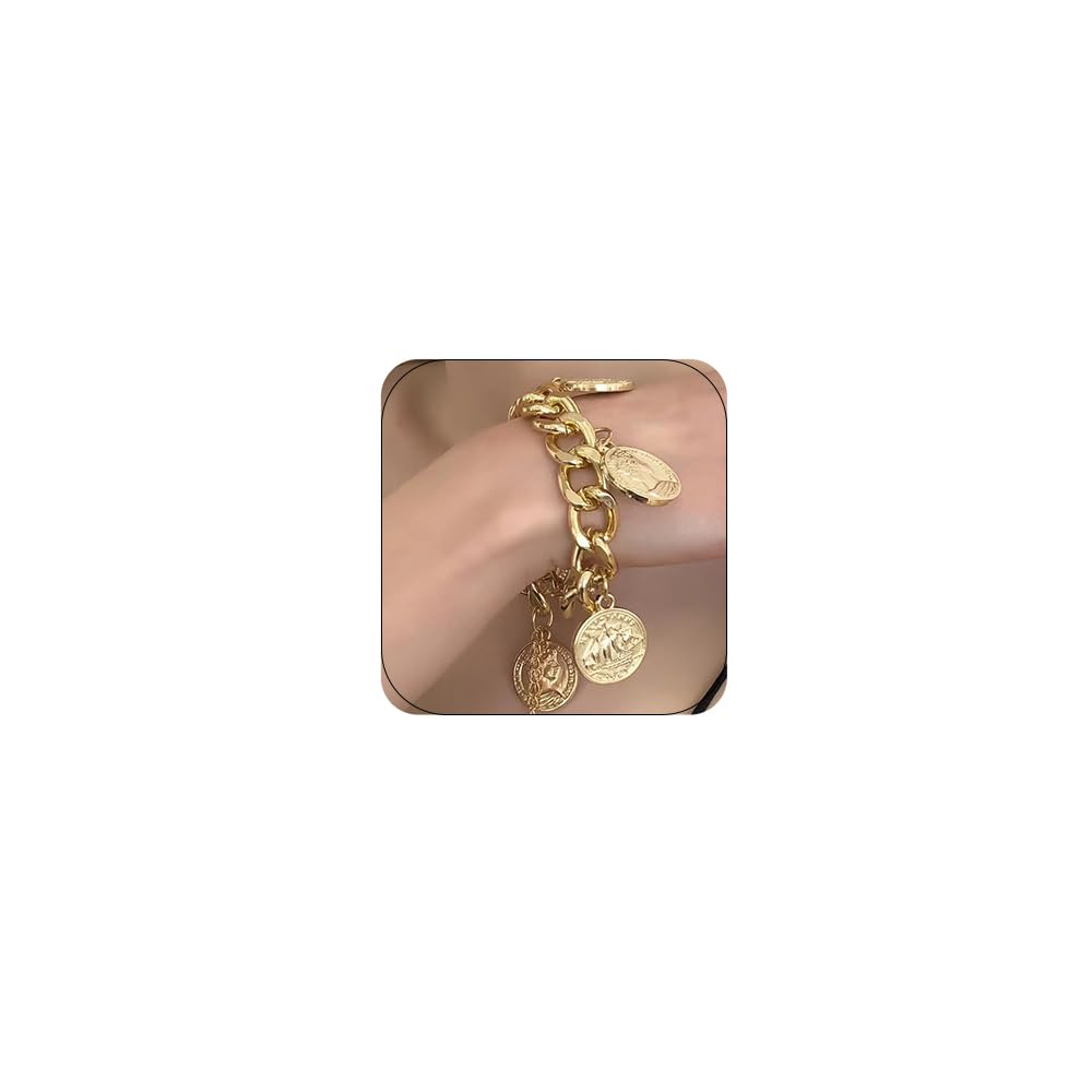 YUEKISEN Chunky Chain Dangle Bracelet Punk Cuban Curb Link Chain Bangle Vintage Gold Moroccan Coin Statement Jewelry for Women