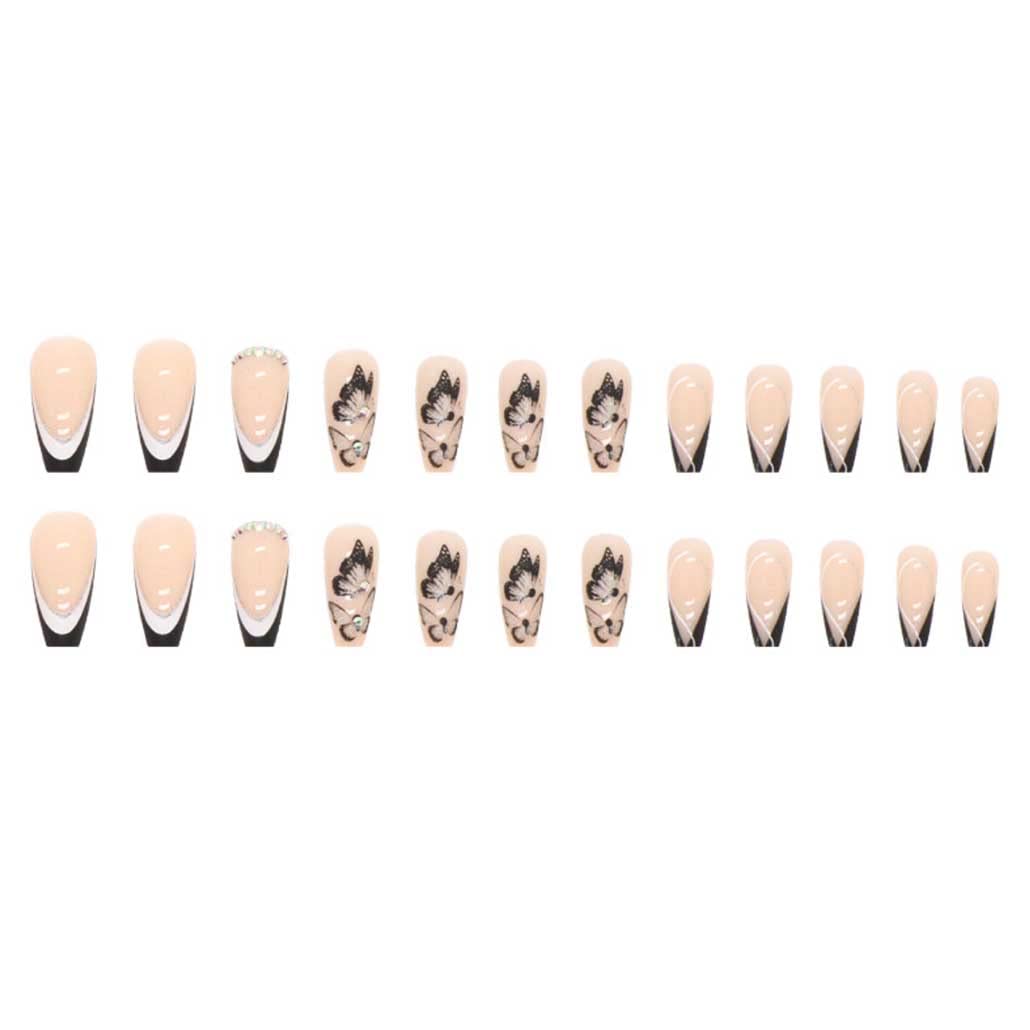 Foccna French Black Press on Nails Medium, Butterfly Fake Nails Nude Coffin Acrylic False Nails,Artificial Nails for Women and Girls-24pcs