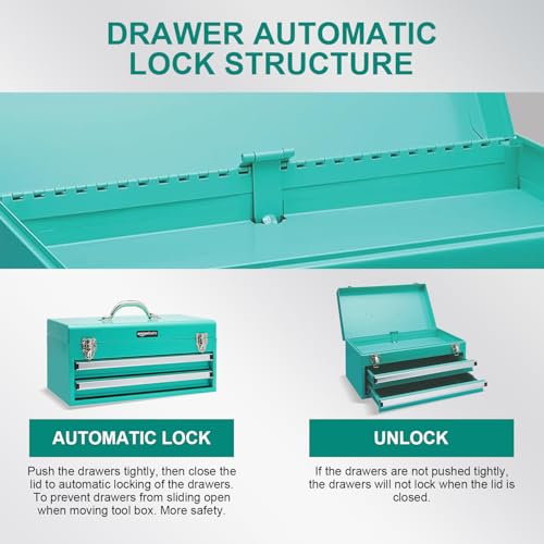 Amazon Basics Steel Tool Box Storage and Organization Drawers, Tool Storage with Powder Coat Finish, 18.11 x 8.66 x 9.45 in, Turquoise
