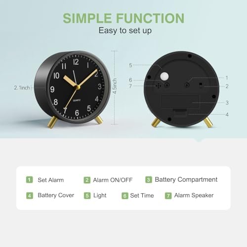 Analog Alarm Clock, Silent Non-Ticking with Night Light, Fashionable Round Metal Alarm Clock for Office, Battery Operated, Clock for Bedroom, Elderly, Adults, Children, Student Gifts