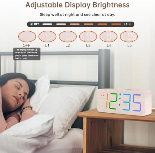 DreamSky Wooden Digital Alarm Clock for Bedroom, Living Room Desk | RGB Loud Alarm Clock for Heavy Sleepers with Volume Control, Large Numbers with Dimmer, Office Wood Decor (Plug in Clock)