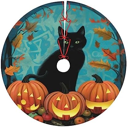 Black Cats Pumpkins Leaves Christmas Tree Skirts 30", Xmas Tree Cloth Mats Trees Skirts for Indoor Decor Gift, Home Decoration