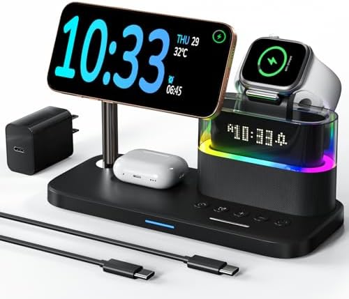5 in 1 Wireless Charging Station with Alarm Clock Night Light for Apple