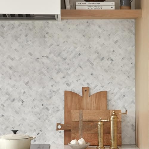 5-Sheet 3D Herringbone Peel and Stick Stone Tiles, Genuine Marble Self Adhesive Backsplash, Waterproof Heat Resistant for Kitchen Bathroom Fireplace, Mixed Gray (Covers 4.5 Sq Ft)