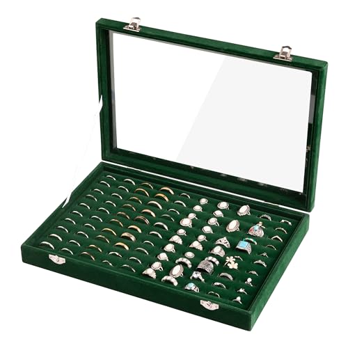 Frebeauty Ring Organizer Tray 100 Slots Ring Holder with Clear Lid Velvet Storage Box Jewelry Tray for Jewelry Store Earring Display Case for Jewelry Show Studs Box for Women(Blackish Green) - color: Blackish Green