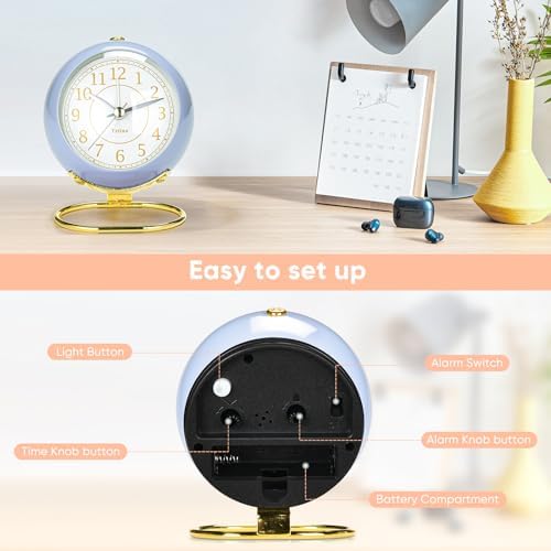 Analog Alarm Clocks,Retro Backlight Cute Simple design Small desk Clock With Night Light,Silent Non-Ticking,Battery Powered,For Kids,teens,Bedroom,travel,kitchen,Bedside Desk decor. (Retro Blue)
