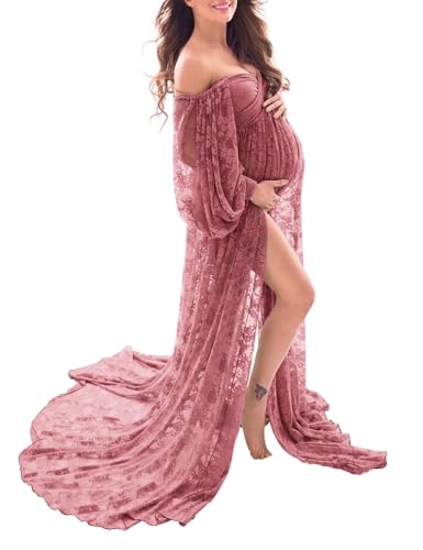 Saslax Soft Stretchy Lace Off Shoulder Doubly Split A-line Skirt Maternity Dress Pregnancy Maxi Gown for Photoshoot - color: Antique Rose, size: Large