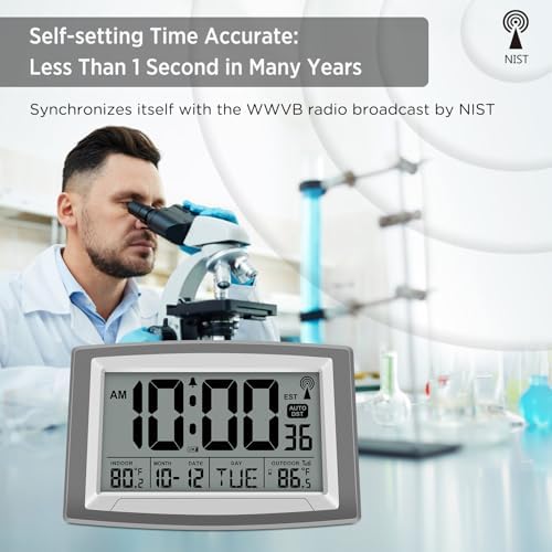 WallarGe Atomic Clock with Outdoor and Indoor Temperature - 12.5 Inch Self-Setting Digital Clock Large Display, Battery Operated Wall Clocks or Desk Clocks for Bedroom, Livingroom, Office (Pack of 2)