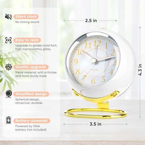Analog Alarm Clocks,Retro Backlight Cute Simple design Small desk Clock With Night Light,Silent Non-Ticking,Battery Powered,For Kids,teens,Bedroom,travel,kitchen,Bedside Desk decor. (Bright White)