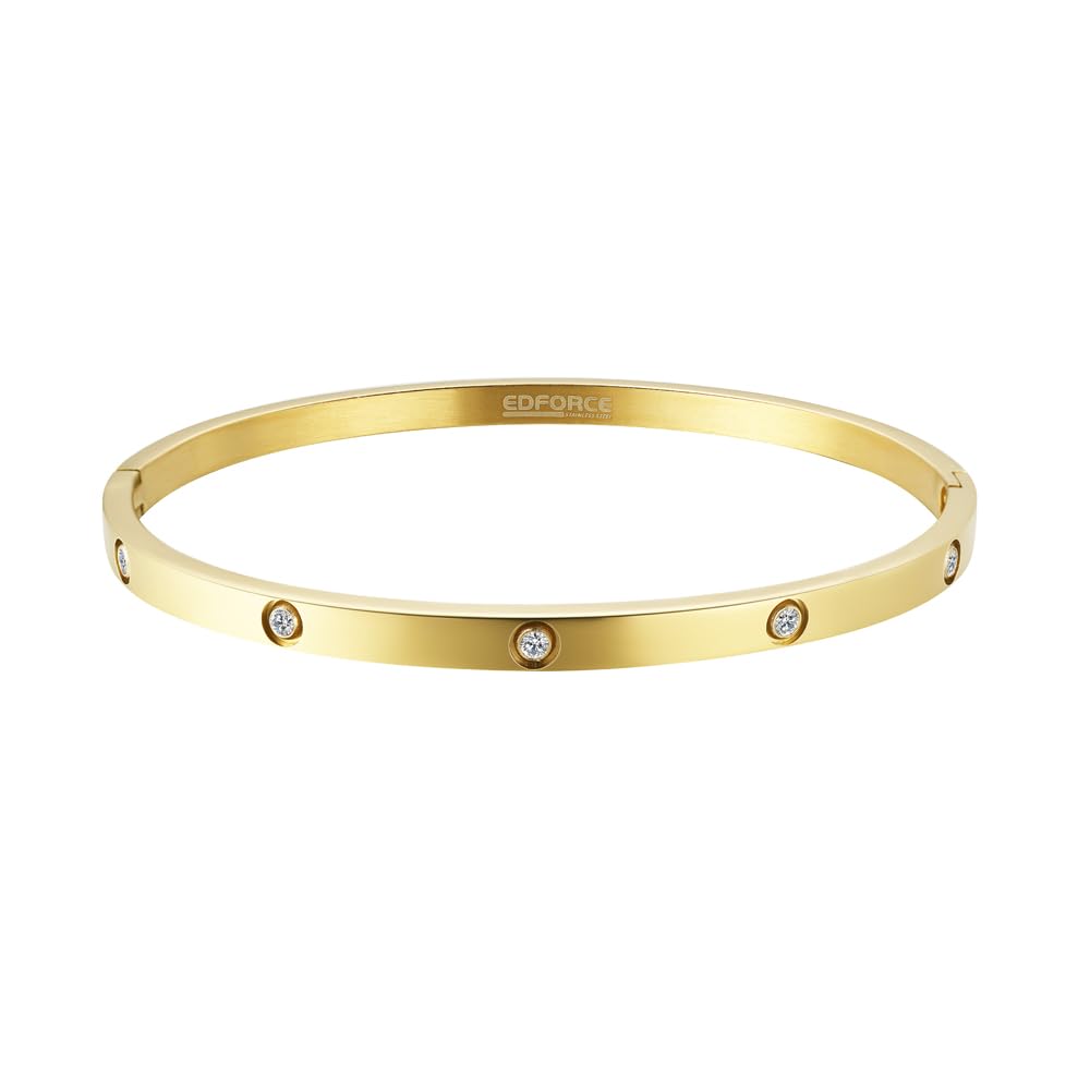 Edforce Stainless Steel 4mm Width Thin Love CZ Gold Bangle Bracelet for Women (Gold)