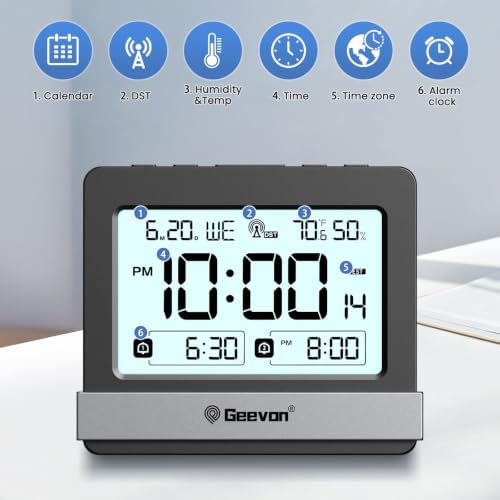 Geevon Atomic Travel Alarm Clock with Indoor Temperature and Humidity | Auto DST Digital Desk Clock Portable Battery Operated with 2 Alarms, Snooze, Light, 3.7" Display for Bedroom Office Study