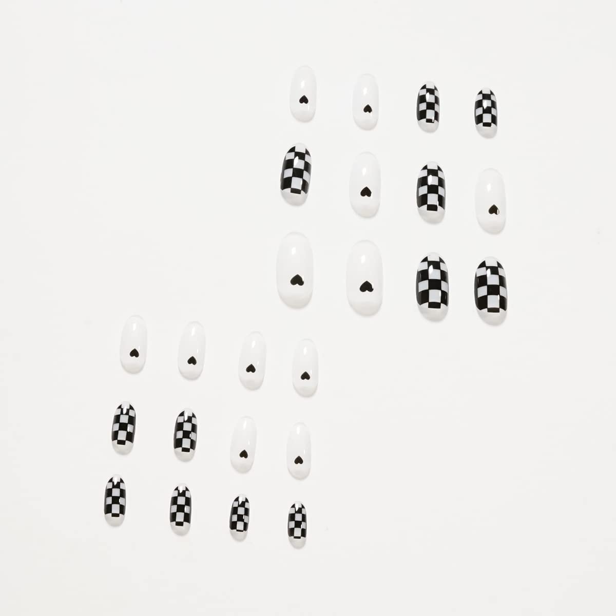 IMSOHOT 24Pcs Oval Press on Nails Short Glossy Fake Nails Checkerboard Black False Nails Round Full Cover Acrylic Nails for Women