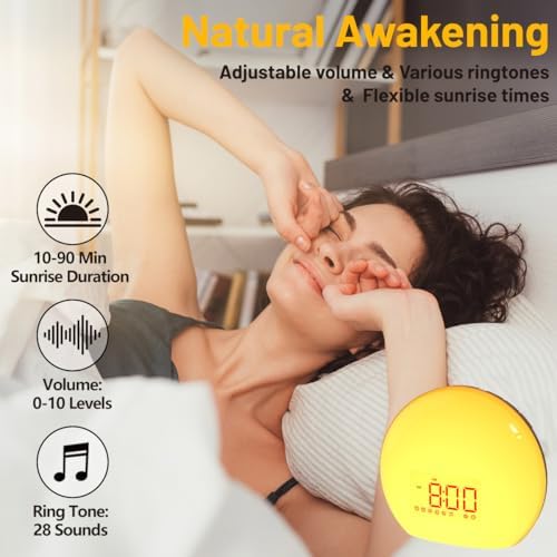 Magicteam Sunrise Alarm Clock Wake Up Clock Natural Sunset Simulation 21 Soothing Sounds Dual Alarm 6 Times Snooze 28 Ringtones Dimmable 12 Colors Night Light 10 Timer Options Adjustable Volume