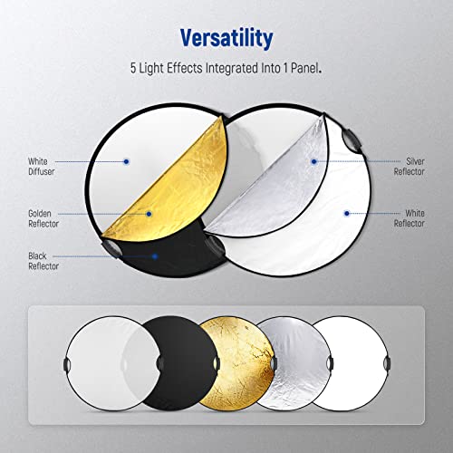 NEEWER 80cm Light Reflector with Handle & 3/8" Thread, 5 in 1 Foldable Round Light Diffuser, Translucent/Silver/Gold/White/Black for Studio or Outdoor Photo Lighting, RF-80II - style: 80cm