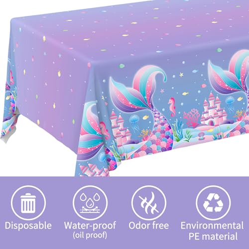Gatherfun Mermaid Party Supplies Set: 2-Pack Rectangular Plastic Tablecloths, 54 x 108 Inches, Purple (Gradient) Mermaid Pattern, Kids & Girls 1st Birthday Decorations - style: mermaid