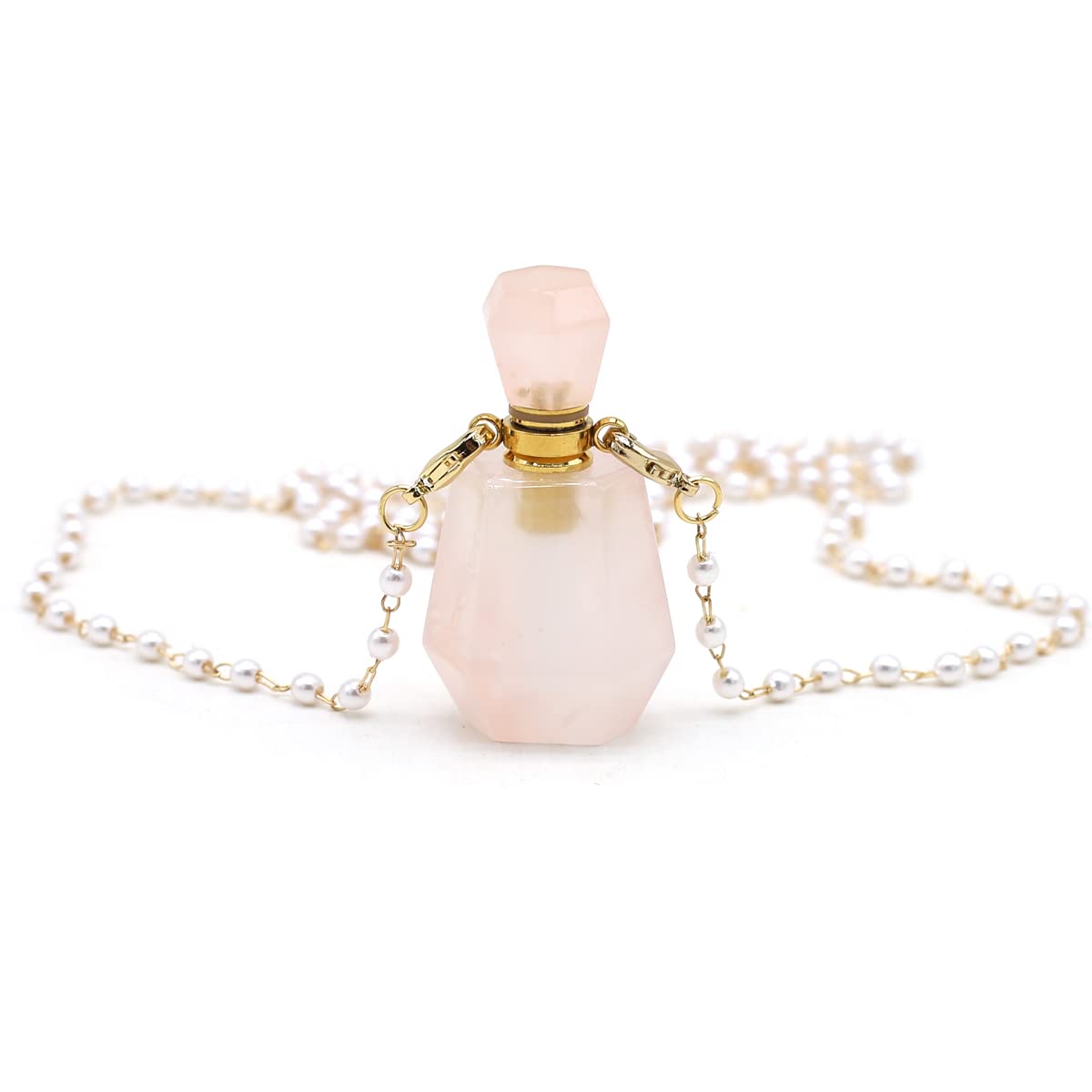 1pcs Natural Rose Quartz Stone Perfume Bottle Pendant Pearl Bead Chain Rectangle Heart Healing Stone Essential Oil Diffuser Necklace for Women Jewelry Essential Oil Diffuser