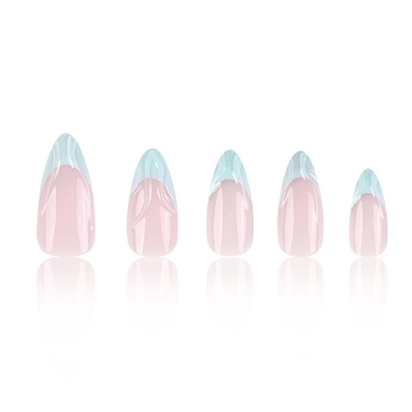 Almond Press On Nails Medium Fake Nails Blue French Tip False Nails With 3D Design Nude Acrylic False Nails Full Cover Artificial Glue On Nail Reusable Stick On Nail For Women Manicure 24pcs