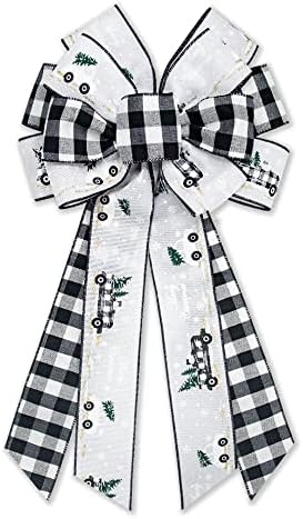 Hying Large Christmas Bow for Wreath, Christmas Wreath Bow Black and White Tree Topper Bows Buffalo Plaid Wreath Bow for Front Door Indoor Outdoor Wall Tree Topper Decoration Supplies Xmas Ornament