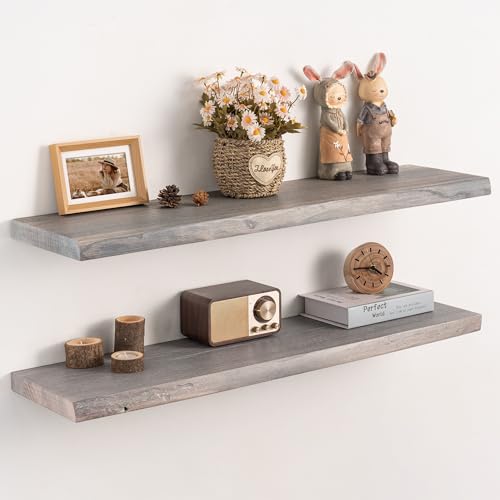 Live Edge Floating Shelves Set of 2, 36 Inch Solid Elm Wood Wall Shelves - Invisible Bracket Mount for Living Room, Bedroom, Kitchen, Bathroom | Weathered Gray - color: Driftwood Gray, size: 36"L, 2-Pack
