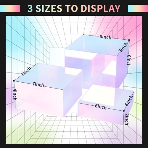 3Pcs Iridescent Risers Display Stands, Stackable Acrylic Cubes Display Box, Nesting Rainbow Showcase for Collectibles Figures Jewelry Perfume Handbag Dessert Party, Neon Food Buffet Riser - color: Iridescent-3pcs