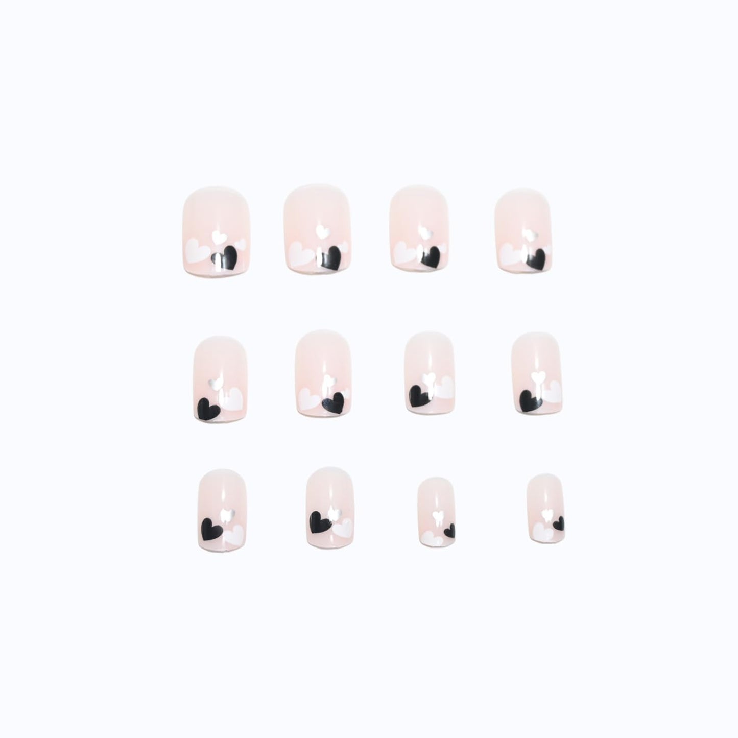 Press On Glossy Full Cover Acrylic Short Length Square False Nails with Black, White, Silver Heart Designs Artificial Square Shaped Fake Nails Glue Ons for Women & Girls