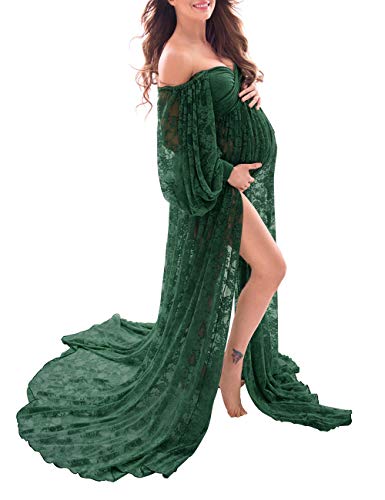 Saslax Soft Stretchy Lace Off Shoulder Doubly Split A-line Skirt Maternity Dress Pregnancy Maxi Gown for Photoshoot - color: Green, size: Large