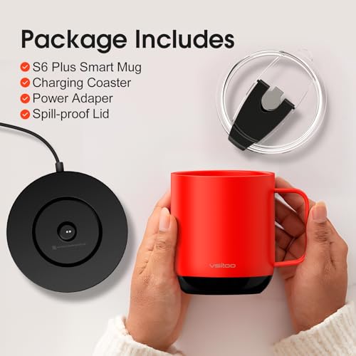 Vsitoo S6 Plus Smart Coffee Mug, 12oz,Temperature Controlled Mug & Electric Coffee Mug with Music Sync Lights，Auto-Sensing AI Heats Drinks to 120-150°F Hands-Free. Ideal for Home/Office/Gifts - Red - color: Red