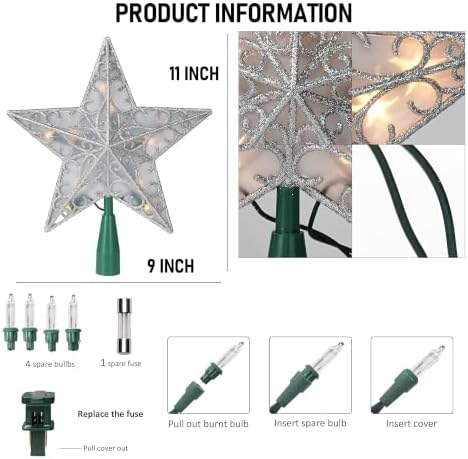 Dazzle Bright 11 Inch Star Tree Topper, Lighted Glitter Christmas Treetop with 10 Lights, Christmas Decorations for Xmas Tree Home Bar Shop (Silver)