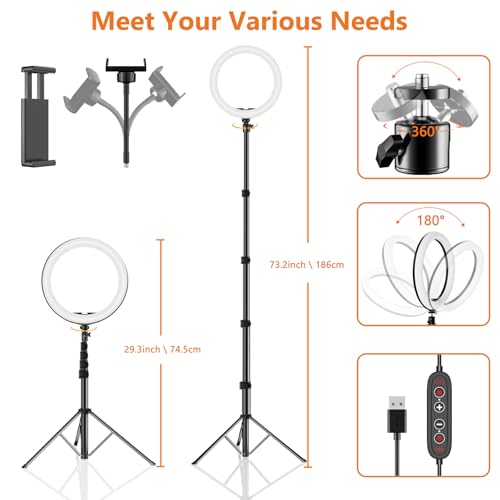 12" Selfie Ring Light with 73" Extendable Tripod Stand: PEYOU Desk Selfie Lights 38 Color Modes, Upgrade 3 in 1 Dimmable Adjustable Speed Ring Light for Makeup/TIK Tok/YouTube - size: 73 inch