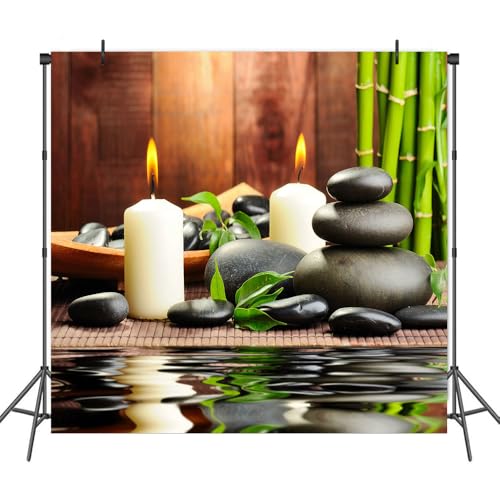 Meditation Relax Backdrop 5x5ft Bamboo Zen Stone Candle Water Woodiness Floor, Dessert Table Banner Decoration Background Studio Photography Props BJOKPH0024 - size: 5x5ft