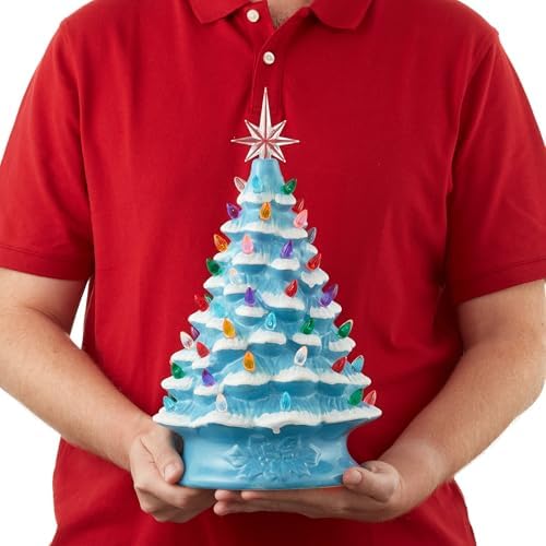 Casafield Hand Painted Ceramic Christmas Tree, Blue Snow Flocked 15-Inch Pre-Lit Tree with 128 Multi Color Lights and 2 Star Toppers