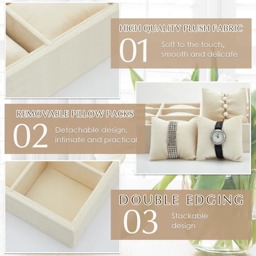 Henoyso 2 Pieces 12 Grid Velvet Watch Tray Jewelry Organizer Stackable Watch Bracelet Bangle Display Holder Adjustable Pillow(Beige) - color: Beige, size: 12 Grid