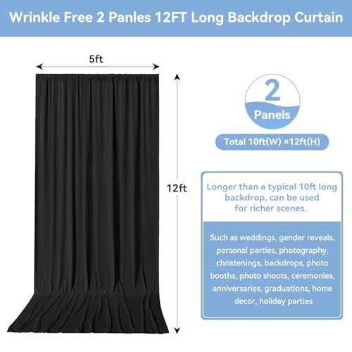 10ftx12ft Black Wrinkle-Free Wedding Backdrop Curtain -Silky Washable Black Polyester Drapes for Baby Showers, Birthday Parties, Photography, and Wedding Receptions-2 Panels 5FTx12FT - color: black, size: W5' x H12'(2 panels)