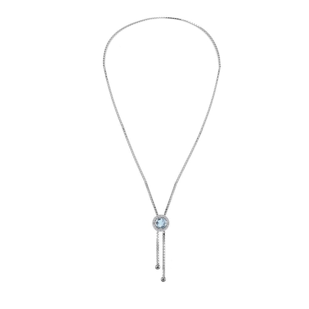 GemStar USA Sterling Silver Blue and White Topaz Round Halo Drop Adjustable Lariat Necklace