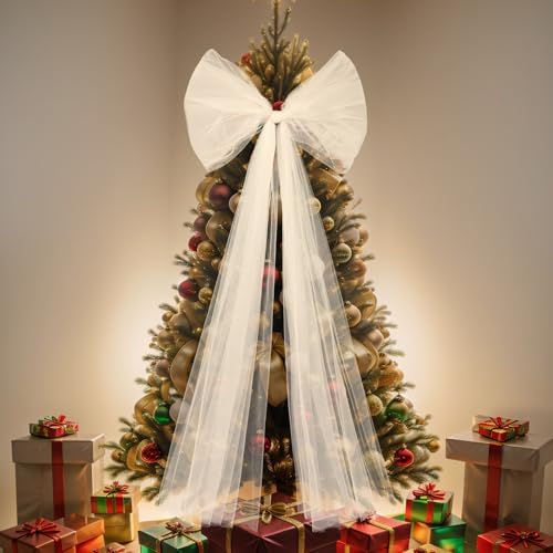 Soulchen 49 Inch Christmas Tree Topper Bow Large Tulle Ribbon,White