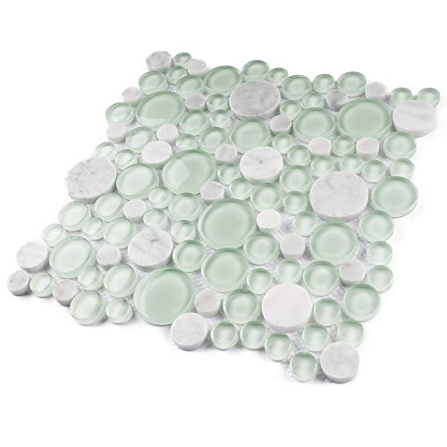 Tenedos Bubbles Snow Dove Glass and White Marble Mosaic Tile, Frosted & Polished Finish, 10.5"x10.5" Mesh Mounted for Wall, Backsplash & Bathroom Use