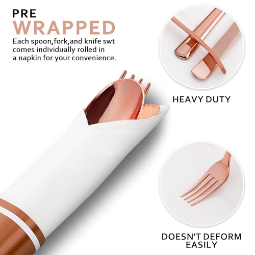 50Guests Pre Rolled Rose Gold Plastic Silverware Sets - Heavy Duty Rose Gold Cutlery - Include 50 Pack Wrapped Disposable Utensils with Napkins for Parties, Dinners & Weddings & Mother's Day - color: 50Pack - Rose Gold