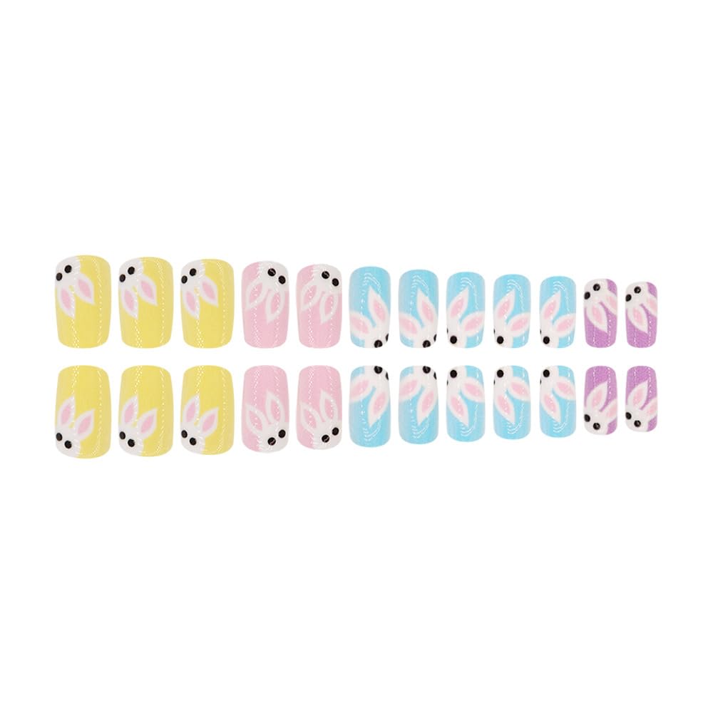 Easter Press on Nails Colorful Short Square Fake Nails with Rabbit Designs Full Cover Glossy Stick on Nails Cute Rabbit False Nails Easter Glue on Nails for Women and Girls Manicure Kit