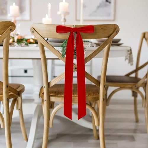 Velvet Bows for Christmas Tree Pack of 4 Large Rustic Crafts Gift Wreath Bow Ornaments for Xmas Topper Staircase Home Wedding Outdoor Interior Decor, 2" Width, 23 x 8.7 Inch (4, Red)
