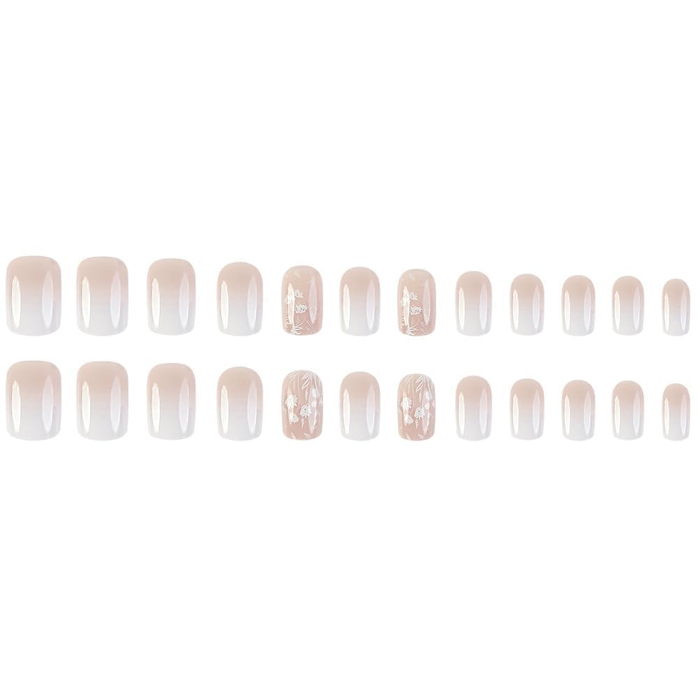 White Gradient Press-On Nails Short Square False Nails with Flower and Leaf Design Glossy Nude Gradient Nail Art Stickers for Women Girls DIY Nail Art Decoration 24 Pieces