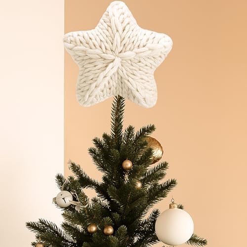 Gejoy Mini Christmas Knitted Star Tree Topper Rustic Natural Knitting Star 6 Inch Miniature Tree Topper for Christmas Home Decor Winter Holiday