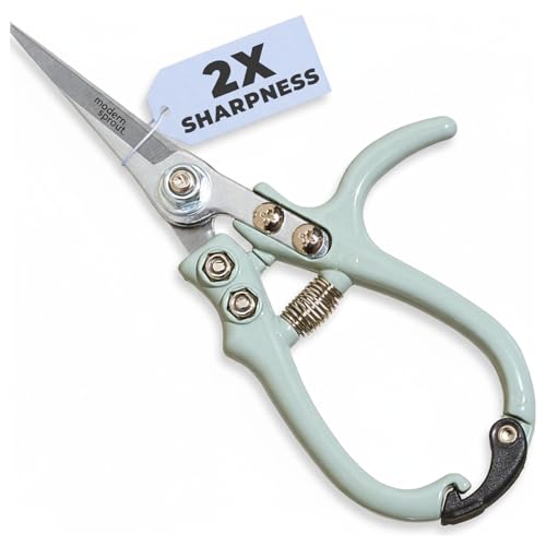 Modern Sprout Pruning Shears, Herb Snipping Scissors, Lightweight Gardening Tools W/Easy Lock, Flower Cutter Garden Shears, Carbon Steel Blade + Reusable Holster (Green, 1-Pack)