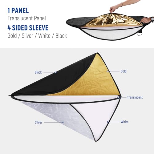 NEEWER 51 Inch/130 Centimeter Light Reflector Diffuser 5 in 1 Collapsible Multi Disc with Bag - Translucent, Silver, Gold, White, and Black for Studio Photography Lighting and Outdoor Lighting - size: 130cm