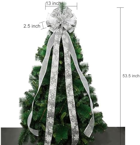 Voeveca Christmas Tree Topper Bow, 53X13 Inch Silver Xmas Tree Flower Topper Decor, for Family, Wedding, Indoor Outdoor Thanksgiving Christmas Decoration (Silver)