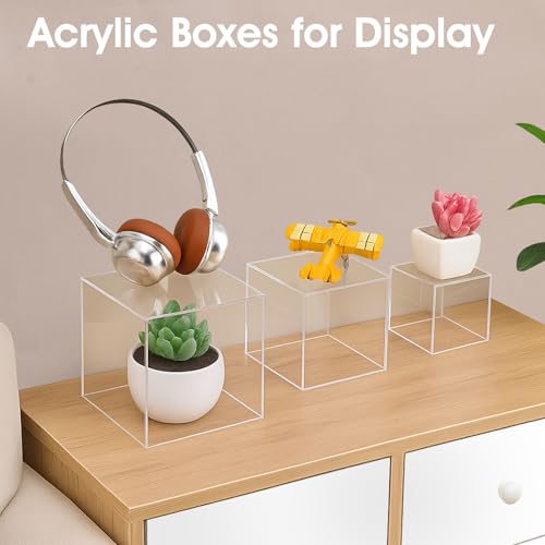 3 Pcs Acrylic Boxes for Display, 3" 4" 5" Small Square Clear Acrylic Cube with Hollow Bottoms, Nesting Riser Display Stand Shelf Food Risers for Buffet Table Dessert Collectibles Jewelry Figures Show