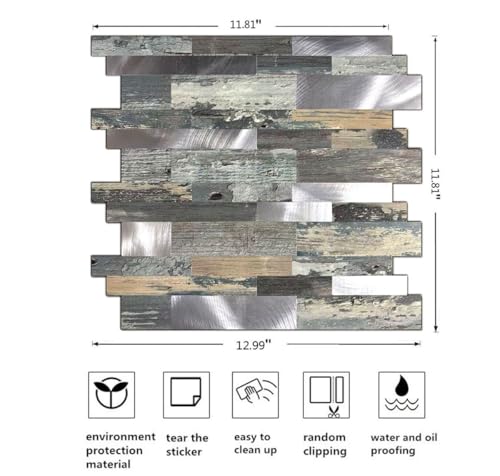 10-Sheet Peel and Stick Backsplash Tile, PVC Mixed Meta,l Stick on Kitchen, Bathroom Vanities, Fireplace Décor, Laundry Table(11.2" X 12.7") (10, Wooden Green+Frosted Silver) - color: Wooden Green+Frosted Silver