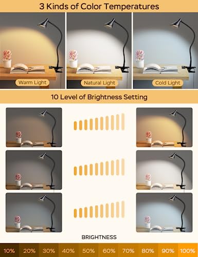 LiFMIRA Clip on Light USB Reading Light 3 Color Modes 10 Brightness Levels Eye Care Clamp Light Flexible Gooseneck Dimmable Reading Lamp Clip on Lamp for Bed Headboard Desk Bedside Dorm (Black) - color: Black