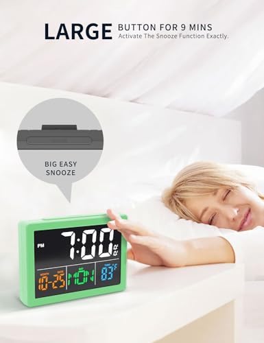 JALL Digital Clock with Date Day for Seniors, Electric Alarm Clocks for Bedrooms with Temperature, 2 Alarms, Dimmer, Dual USB Charger, Battery Backup, Volume Control, Snooze, Bedside Desk Clock, Green