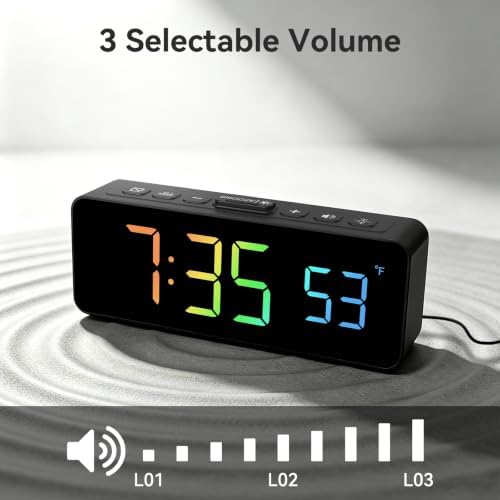Netzu 2-in-1 Digital Alarm Clocks for Living Room Bedroom | Small Clock with Temperature & Time Display - RGB Display, 4 Levels & off Birghtness, 3 Volumes, Plug-in Use, Compact, Snooze